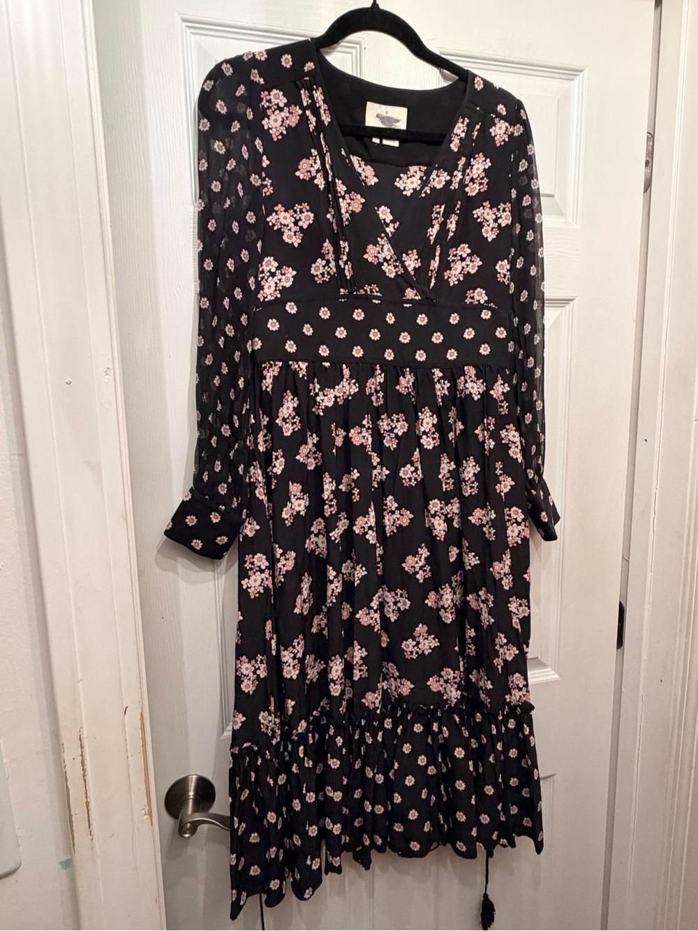 kate Spade  Pure Silk Black Midi Dress with Pink Floral Print